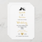 Niedliche Liebesvögel Schwarz-weiße Goldene Hochze Einladung (Vorne/Hinten)