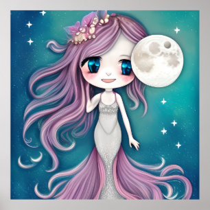 Niedliche Liebliche Gesicht Mermaid aquamarin Mond Poster