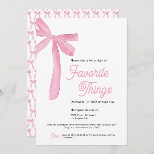Niedliche Lieblings-Dinge Party Pink Bow Einladung (Vorne/Hinten)