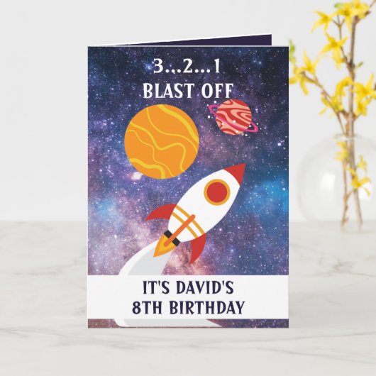 Niedliche Lila Blue Space Rocket Planets 8. Geburt Karte (Gelbe Blume)