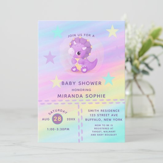 Niedliche Lila Dinosaur Rainbow Art Baby Dusche In Einladung (Stehend Vorderseite)