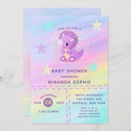Niedliche Lila Dinosaur Rainbow Art Baby Dusche In Einladung (Vorne/Hinten)