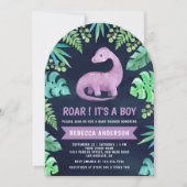 Niedliche Lila Dinosaurier Arch Navy Blue Baby Dus Einladung (Vorderseite)