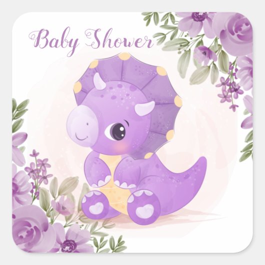 Niedliche Lila Dinosaurier mit Florals Babydusche Quadratischer Aufkleber (Vorderseite)