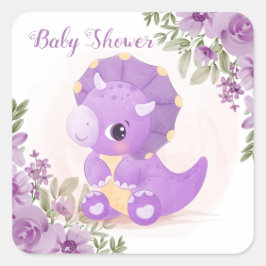 Niedliche Lila Dinosaurier mit Florals Babydusche Quadratischer Aufkleber