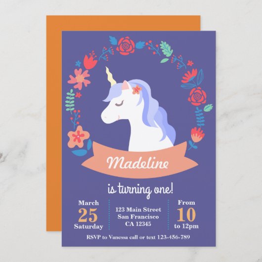 Niedliche lila Einhorn-Geburtstagseinladung Einladung (Vorne/Hinten)