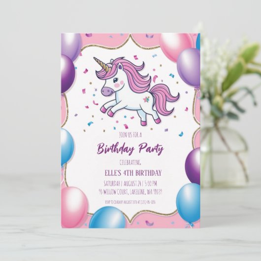 niedliche lila Einhorngeburtstage Einladung (Stehend Vorderseite)