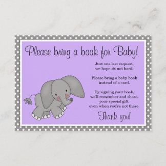 Niedliche Lila Elephant Girl Babydusche Buchanfrag Begleitkarte