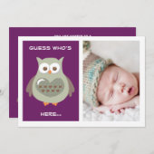 NIEDLICHE LILA EULEN-BABY-MITTEILUNGS-FOTO-KARTE EINLADUNG (Vorne/Hinten)