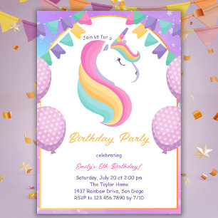 Niedliche Lila Girls Unicorn Geburtstagsparty Einladung