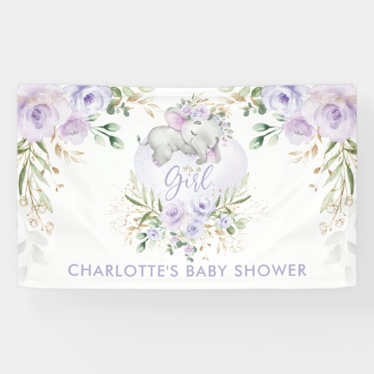 Niedliche Lila Gold Lilac Floral Elephant Baby Dus Banner (Horizontal)