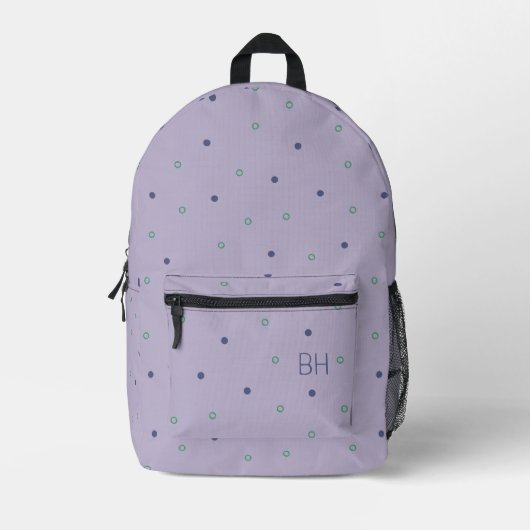 Niedliche Lila Green Polka Dots Monogram Initialen Bedruckter Rucksack (Vorderseite)