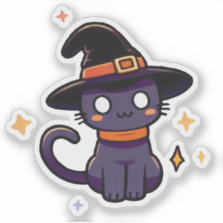 Niedliche Lila Hexenkatze - Kawaii Halloween Kitte Aufkleber
