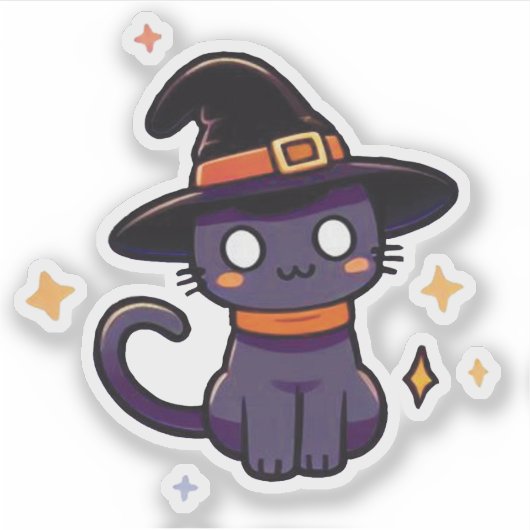 Niedliche Lila Hexenkatze - Kawaii Halloween Kitte Aufkleber (Vorderseite)