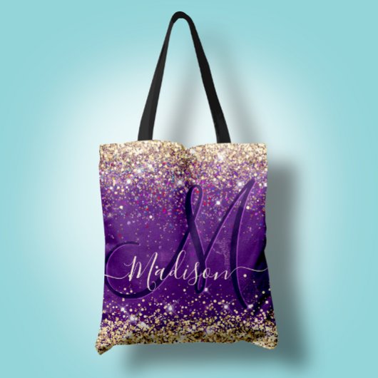 Niedliche lila Imitate aus Gold Glitzer Monogramm Tasche
