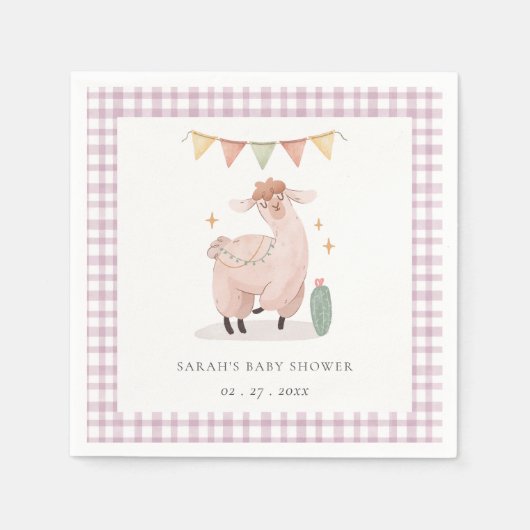 Niedliche Lila Karierte Cactus Boho Llama Babydusc Serviette (Vorderseite)