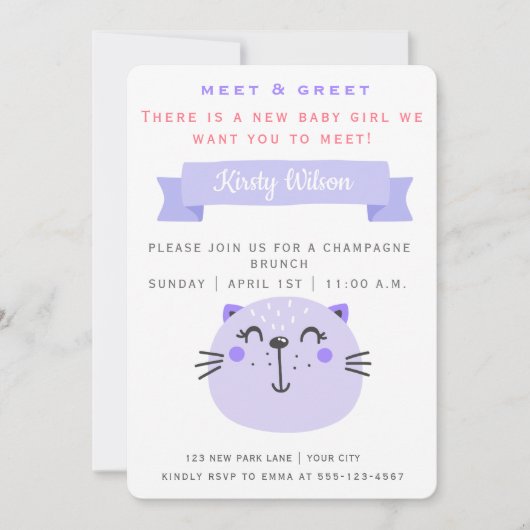 Niedliche Lila Katze | Meet & Greet New Baby Einladung (Vorderseite)