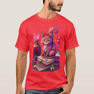 Niedliche lila Katze mit Büchern und magischen Zau T-Shirt