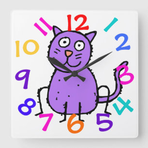 Niedliche lila Katzen-Entwurfs-Uhr für Kinderraum Quadratische Wanduhr
