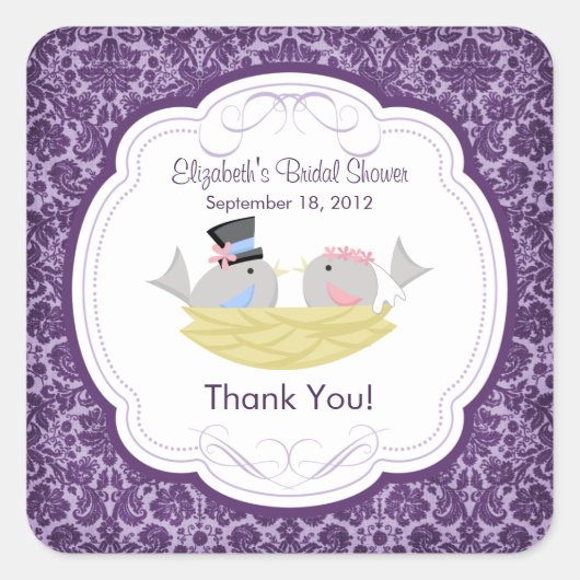 Niedliche Lila Liebesvögel Brautparty Square Quadratischer Aufkleber (Vorderseite)
