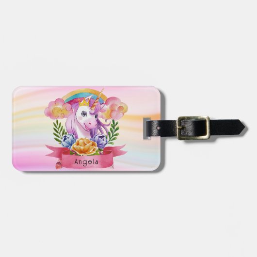 Niedliche Lila Mädchen Unicorn Rainbow Individuell Gepäckanhänger (Vorderseite horizontal)