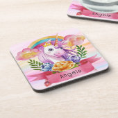 Niedliche Lila Mädchen Unicorn Rainbow Individuell Getränkeuntersetzer (Linke Seite)