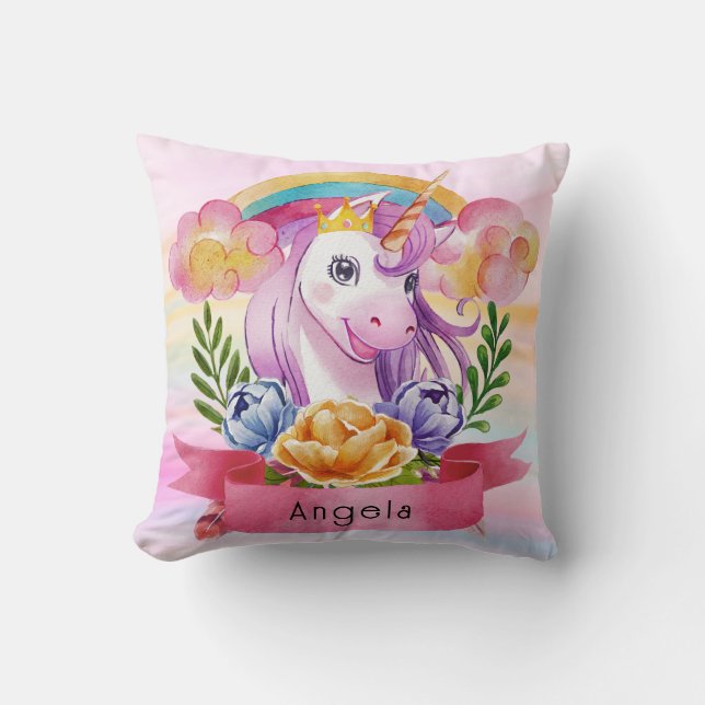Niedliche Lila Mädchen Unicorn Rainbow Individuell Kissen (Vorderseite)