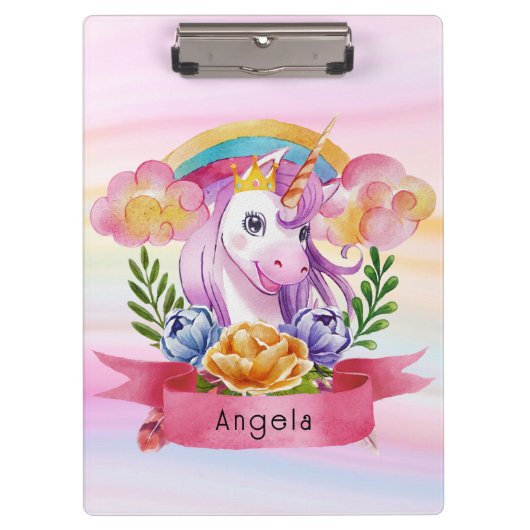 Niedliche Lila Mädchen Unicorn Rainbow Individuell Klemmbrett (Vorderseite)