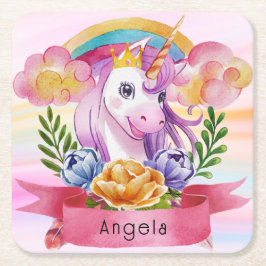 Niedliche Lila Mädchen Unicorn Rainbow Individuell Rechteckiger Pappuntersetzer