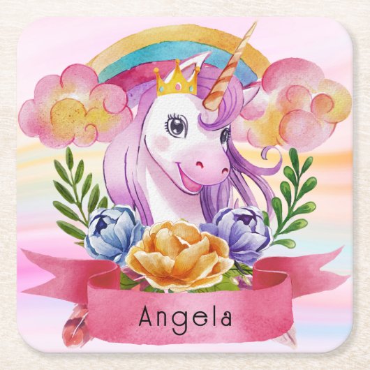 Niedliche Lila Mädchen Unicorn Rainbow Individuell Rechteckiger Pappuntersetzer (Vorderseite)