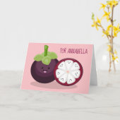 Niedliche lila Mangostanfrucht Cartoon Abbildung Karte (Gelbe Blume)