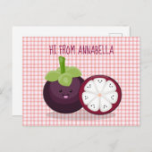 Niedliche lila Mangostanfrucht Cartoon Abbildung Postkarte (Vorne/Hinten)