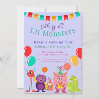 Niedliche lila Monster Cartoon Violet Geburtstagsp Einladung