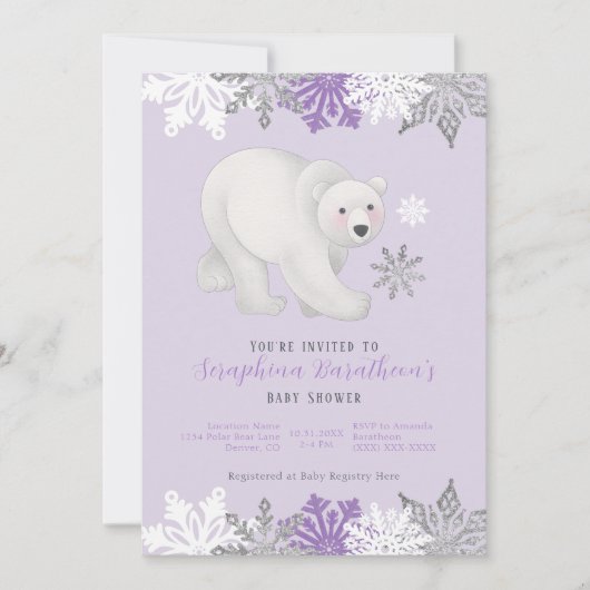 Niedliche Lila Polar Bear Baby Dusche Einladung (Vorderseite)