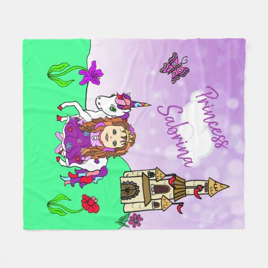 Niedliche Lila Prinzessin und Einhorn Personalisie Fleecedecke (Vorderseite (Horizontal))