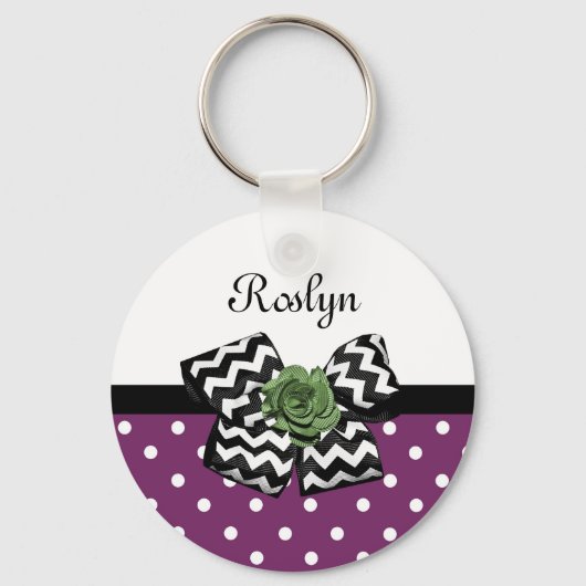 Niedliche Lila Punkte Grüne Rose Zickzack Bow mit Schlüsselanhänger (Vorderseite)