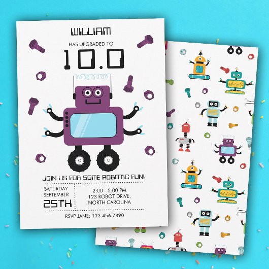 Niedliche Lila Robot Theme Kids Roboter Geburtstag Einladung