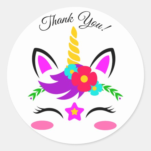 Niedliche Lila Rosa Einhorn Blume Danke Runder Aufkleber (Vorderseite)
