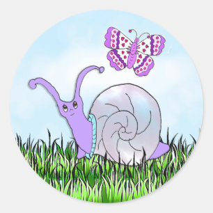 Niedliche Lila Schnecke und Schmetterling Whimsica Runder Aufkleber