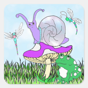 Niedliche Lila Schnecken, Frosch und Libellen Quadratischer Aufkleber