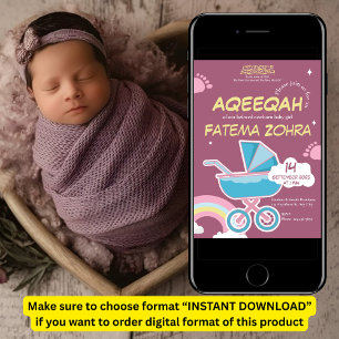 Niedliche Lila Stroller Baby Girl Muslim Aqeeqah Einladung