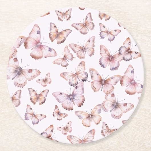 Niedliche Lila und rosa Schmetterlingsmuster Kinde Runder Pappuntersetzer (Vorderseite)
