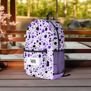 Niedliche Lila und schwarze Polka-Dot-Monogramm Bedruckter Rucksack
