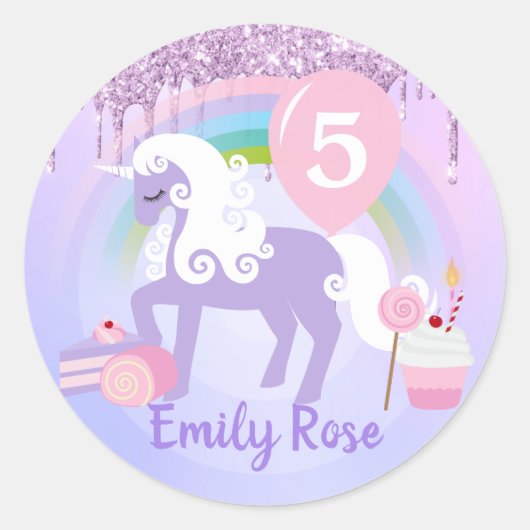 Niedliche Lila und weiße EinhornLeckereien Geburts Runder Aufkleber (Vorderseite)