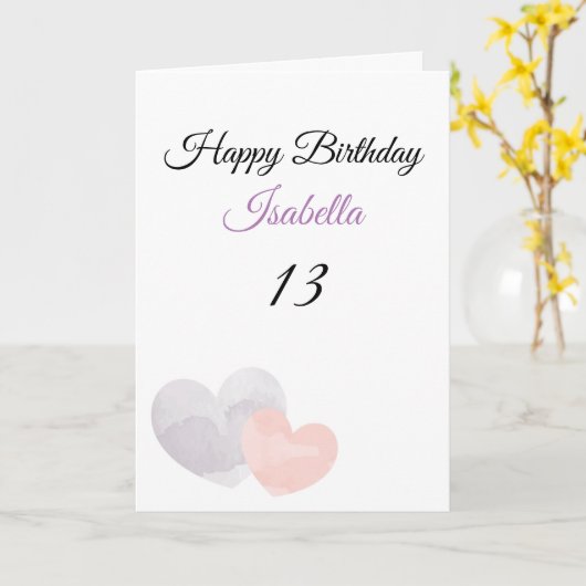 Niedliche Lila Wasserfarbe Doppelherz 13. Geburtst Karte (Gelbe Blume)