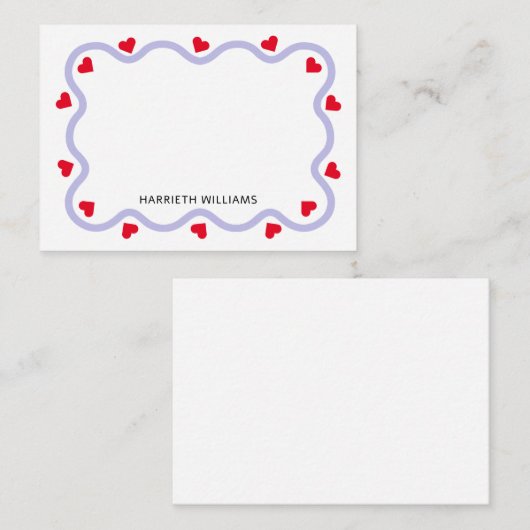 Niedliche Lila Wave Border and Red Heart Mitteilungskarte (Vorne/Hinten)