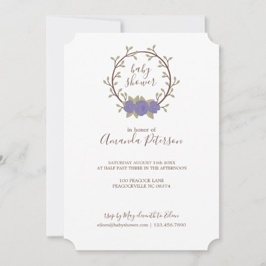 Niedliche Lilac Floral Wreath Baby Dusche Einladung (Vorderseite)