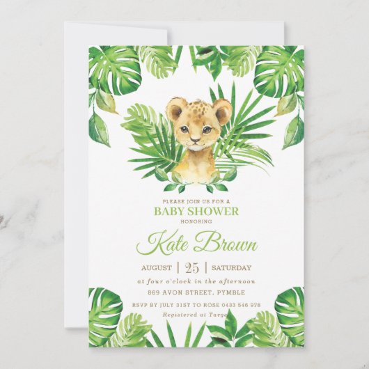Niedliche Lion Cub Tropical Greenery Kinderdusche Einladung (Vorderseite)