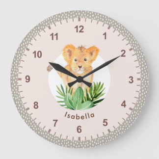 Niedliche Lion Cub Wildlife Watercolor Girls Zimme Große Wanduhr