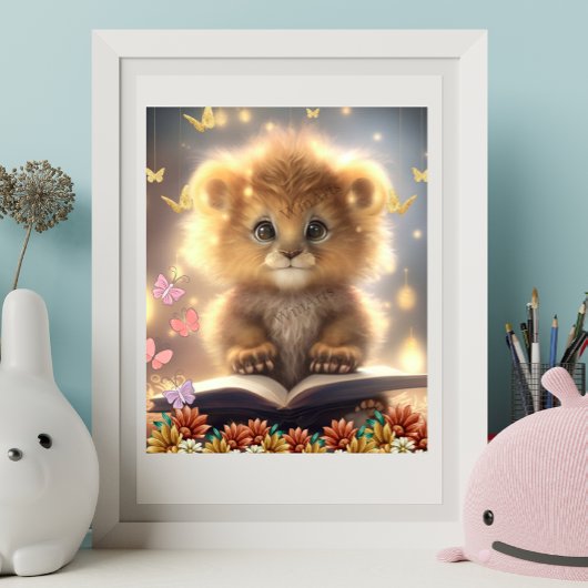 Niedliche Lion Reading ein Buch Art Kinderzimmer Poster